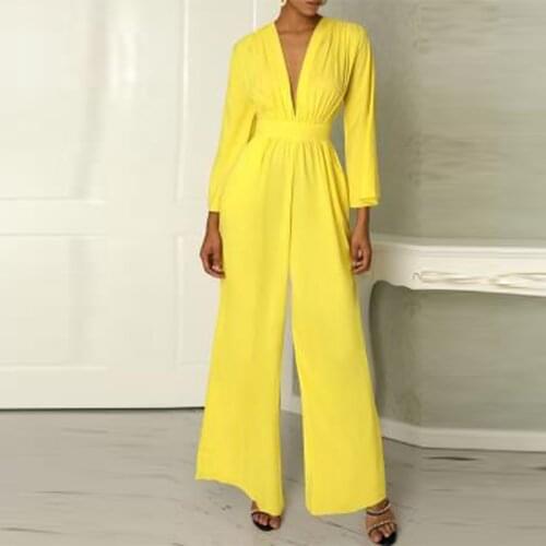 Womens V-Neck Long Sleeve Jumpsuits High Waist Wide Leg Loose Solid Rompers Office Ladies Elegant Casual Summer Autumn 2021