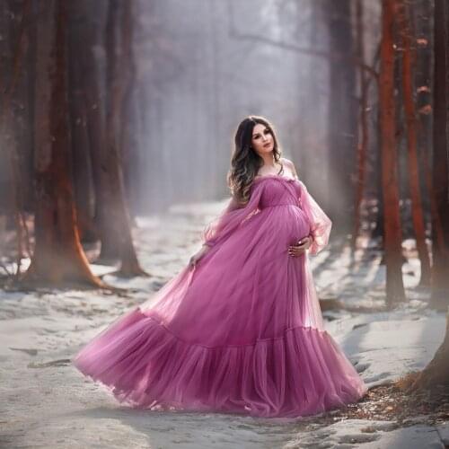 Nice Maternity Gown for Photoshoot or Babyshower Long Sleeves Prom Dress Fluffy Tiered Tulle Robe Lace Up Formal Party Wear