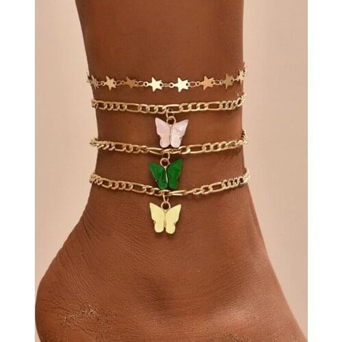 4 Pcs/Set Sweet Butterfly Pendant Anklets Set Fashion Star Chain Anklets for Women Beach Foot Chain Jewelry Gifts