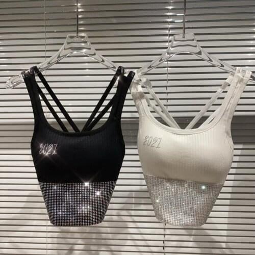 New Square Rhinestone Hot Drilling Waist Tight Temperament Brassiere Pad Camisole Tank Top for Women Summer 2021