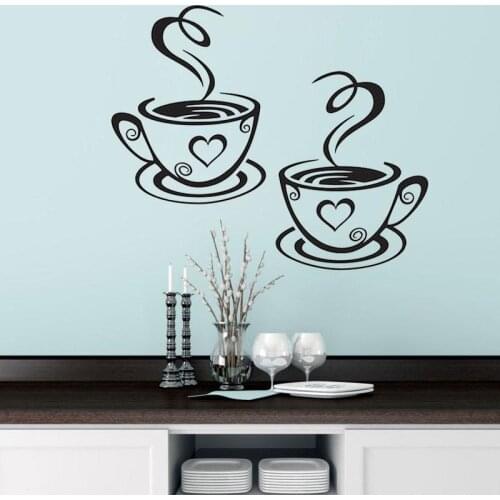 New Double Coffee Cups Wall Sticker PVC Vinyl Art Wall Decals Adhesive Stickers Kitchen Room Decor MUMR999