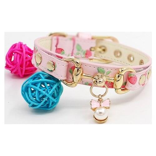 Customized Design Pet Dog Cat Collar Pure Handmade Genuiner Leather Small Dogs Necklace Strawberry pattern Poodle Bulldog