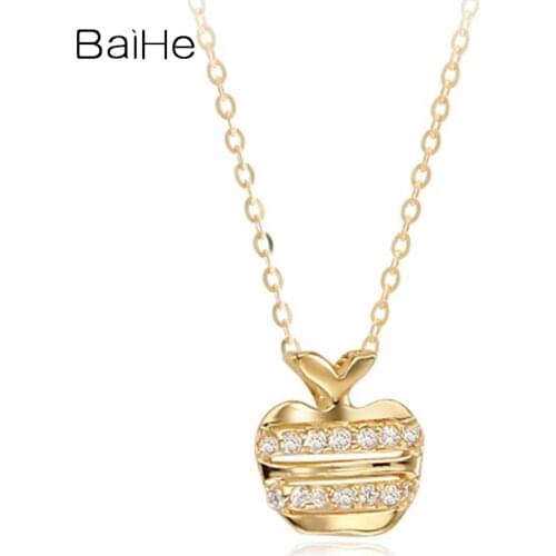 BAIHE Solid 18K Yellow Gold 0.13ct Round Natural Diamond Women Wedding Fine Jewelry Gift Beautiful Apple type diamond Necklaces