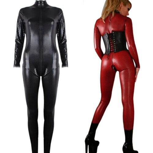 Sexy Hot Women Faux Leather Catsuit PVC PU Bodysuit Front Zipper Stretch Erotic costumes Snake Print Long Sleeve Club Jumpsuits