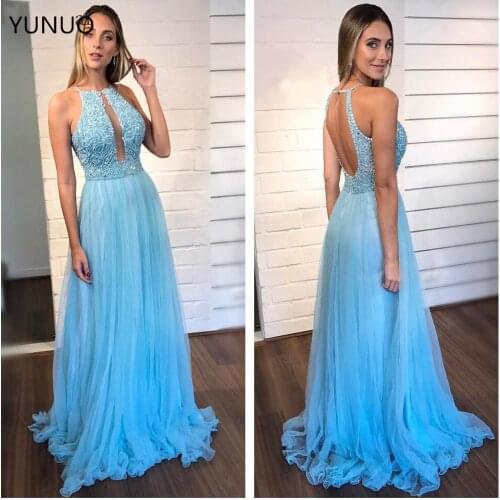 YUNUO Beading Tulle Prom Party Dresses Long O-Neck Sweep Train Sleeveless Evening Gowns A-Line Vestido De Festa Formal Dress