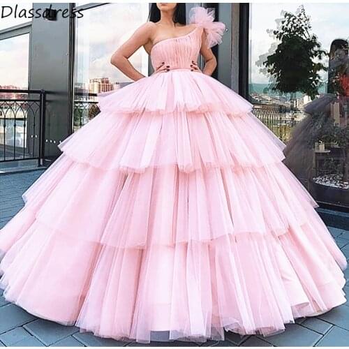 Rose Pink Evening Dress 2020 New Ball Gown Tiered Layers One Shoulder Sleeveless For Homecoming Party Dress платья знаменитостей