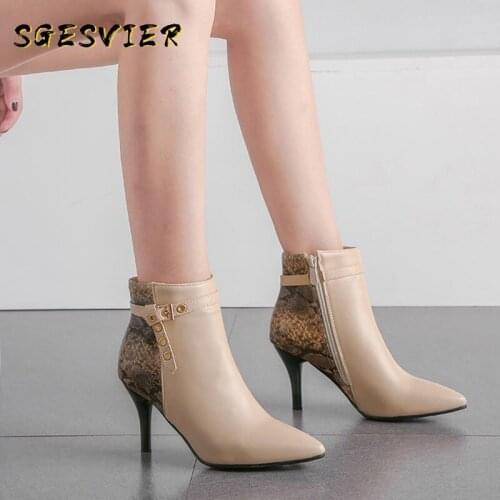 Sgesvier 2020 winter PU leather pointed toe sexy snakeskin print woman shoes high heeled ankle boots for women stilettos boots