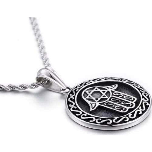 Stainless Steel Vintage The Hand of Fatima Round Pendant Necklace Jewelry Gift For Him with Chain