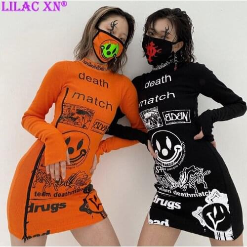 Y2K Smile Face Cartoon Print Bodycon Mini Dresses Sexy Gothic Black Long Sleeve Party Dresses for Women Halloween Streetwear