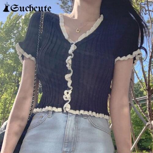 SUCHCUTE Aesthetic Ruffles Women Cropped Tops Y2K Korean Casual Vintage Short Sleeve Slim Kawaii T Shirts Solid V Neck Tees