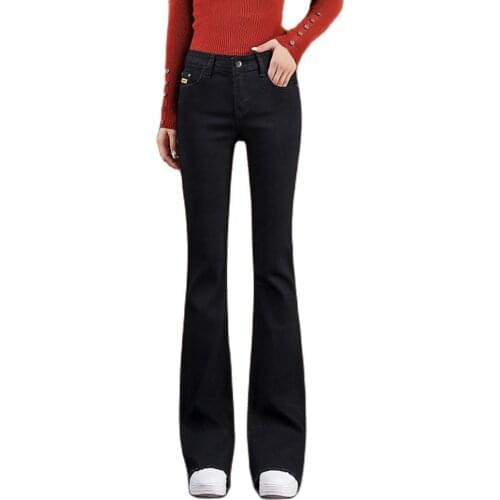 2020 New Middle Waist Womens Flare Denim Jeans Stretch Thin Black Dark Blue Beautiful Slimming Jeans For Spring Autumn S 4XL