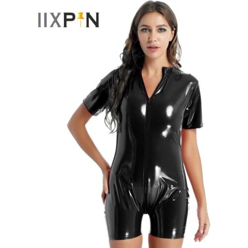 Womens Stage Show Party Nightclub Outfit O Neck Short Sleeve Skinny Catsuit Latex Patent Leather Two-way Zipper Leotard Jumpsuit