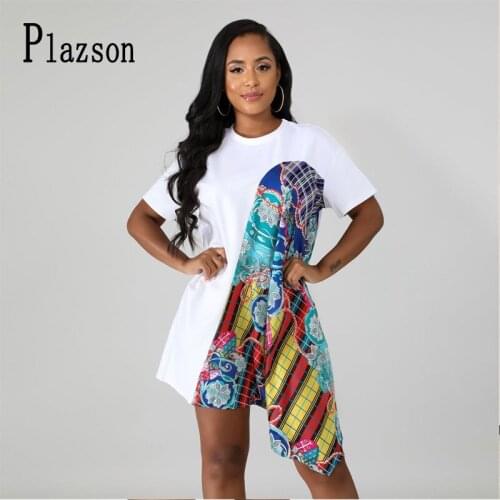 Women Dress Print Splicing color Summer Casual irregular Short Sleeve Swing colothes lady Streetwear Dresses vestido de mulher