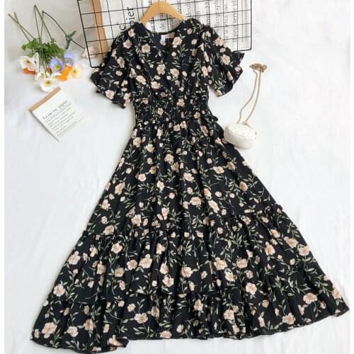 2021 Summer Women Flare Sleeve V-Neck Ruffles Chic Chiffon Dress Lady Elastic Slim Waist Pleated Floral Printed Party Midi Dress