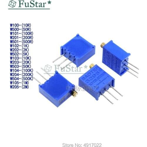 10pcs 3296 3296W series resistanceohm Trimpot Trimmer Potentiometer 1K 2K 5K 10K 20K 50K 100K 200K 500K 1M ohm 100R 200R 500R