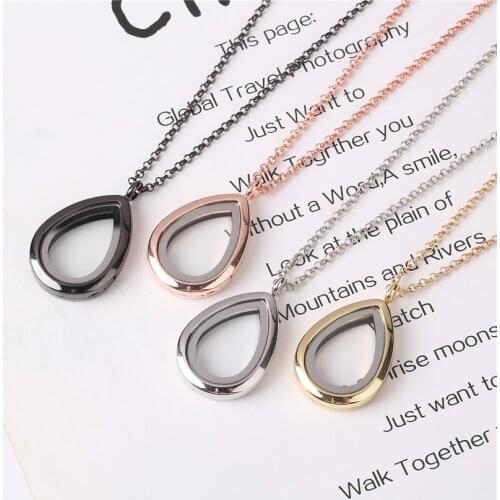 10pcs/lot Water drop Teardrop No Rhinestones floating charms locket glass living memory lockets necklace 60cm chains for women