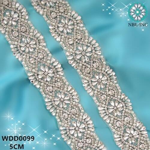 10 YARDS) Wholesale bridal beaded sewing silver crystal rhinestone pearl applique trim for wedding dress sash iron on WDD0099