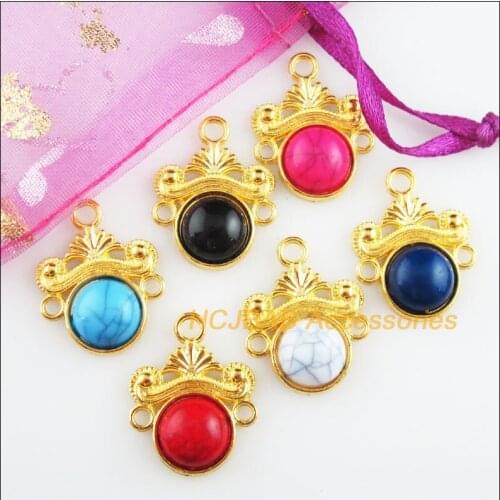 12 New Flower Charms Gold Color Retro Mixed Acrylic Round Connectors 18x23mm