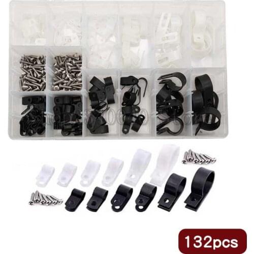 132Pcs Black/White plastic R-type cable clamp classification kit Fasteners Cable R-Type Nylon Cable Clamp self tapping screw