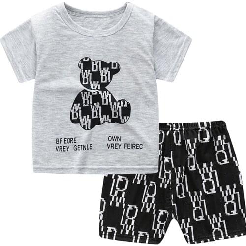 2pcs/set Fashion Boys Cartoon Black Bear Kids Suit Infantil Short Sleeve Clothes 2 Piece Set Girl Summer Outfits 1 2 3 4 5 Years