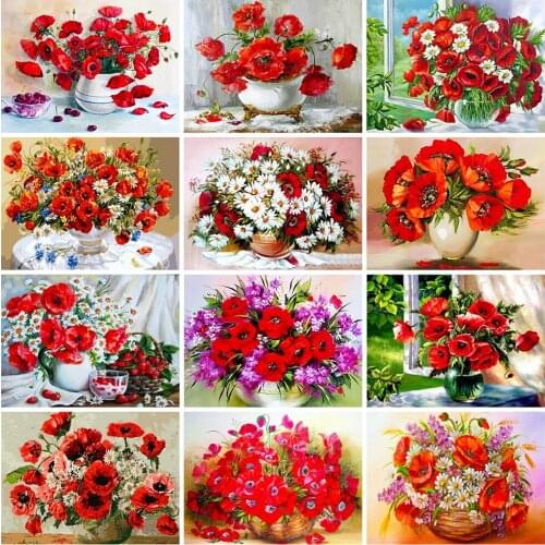 5D DIY Round Full Drill Diamond Painting Poppy Flower Cross Stitch Embroidery Full Square Round Rhinestone Mosaic Art Home Decor