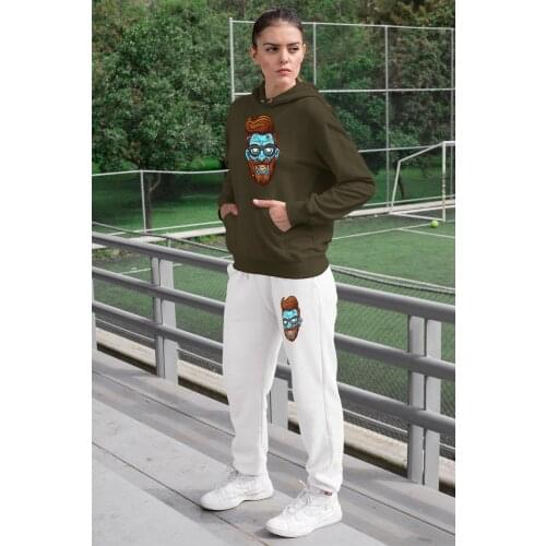 Angemiel Wear Entel Glasses Zombie Women Tracksuit Set Green Hooded Sweatshirt White Sweatpants