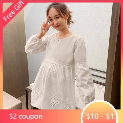 White Cotton Maternity Blouse Spring Korean Fashion Shirt Clothes for Pregnant Women Sweet Pregnancy Tops Drop Shipping