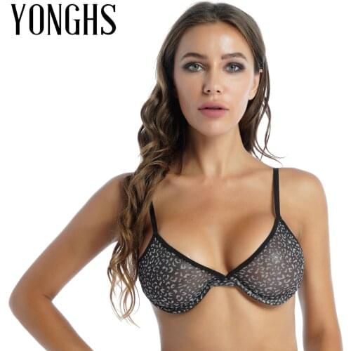 Womens Sexy Bikini Top Underwear Transparent Mesh Leopard Print Bralette Adjustable Shoulder Straps Unlined Underwire Brassiere