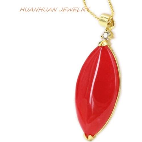 Gold-Color Stainless Steel Chain Stone Pendant For Women 17x48mm Natural Jades Chalcedony Marquise Shape Necklace Pendants B3346