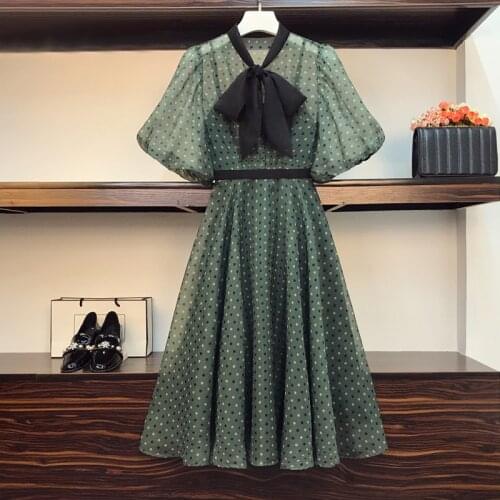 EHQAXIN Plus Size Women Vintage Polka Dot Green Dress Summer 2021 Bowknot Collar Puff Sleeve High Waist Loose Korean Long Dress
