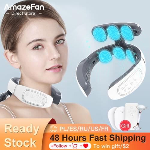 Amazefan Neck Massager upgrade 6 patches Micro-current massage 15 gears of intensity & Hot compress USB charging massager