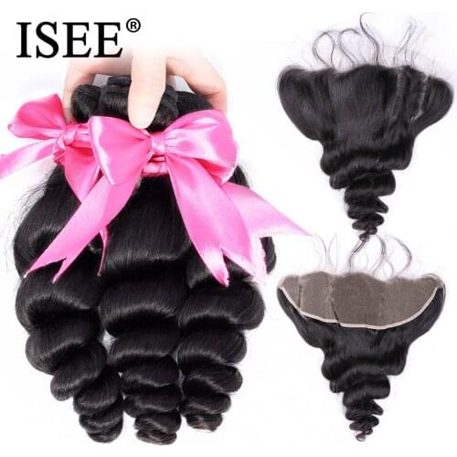 ISEE HAIR Human Hair Bundles With Frontal 13*4 Pre Plucked Lace Frontal Remy Peruvian Loose Wave Bundles With Frontal