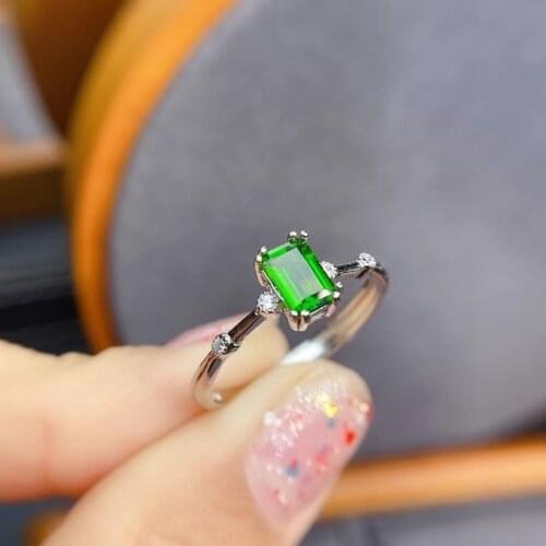 Natural green diopside gem Ring Natural gemstone Ring S925 silver Elegant lovely simple square women girl party gift Jewelry