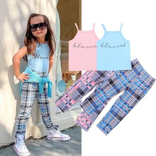 FOCUSNORM 2-7Y Summer Fashion Kids Girls Clothes Sets 2pcs Letter Sleeveless Strap Vest Tops Plaid Printed Pants