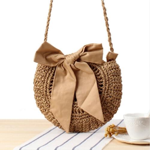 Summer Treasure Bag Womens Hand Woven Bow Tie Beach Bag Bow Knot Boho Style Round Wicker Crossbody Bag Cross Drawstring Bag