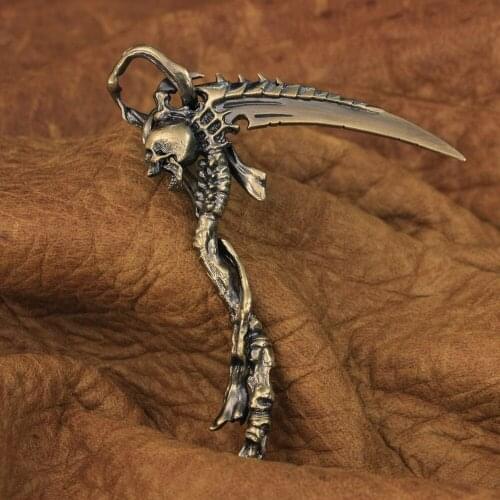 LINSION High Details Brass Grim Reaper Skull Sickle Scythe Mens Biker Punk Pendant BR22 JP