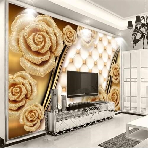 Milofi large wallpaper mural European-style 3d luxury golden rose soft bag jewelry TV background wall paper