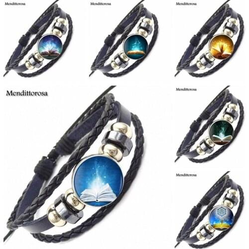 For Women Kids Gift Fasmous Brand Jewelry With Glass Cabochon Black Leather Bracelet Bangle Fairy Marine Organisms