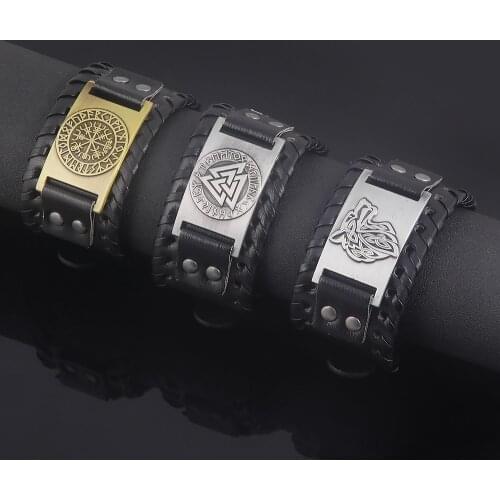 2021 Mens Fashion Viking Leather Wrap Bracelets Rock Punk Wolf Head Compass Charm Male Wrist Jewelry Bangles Length Adjustable