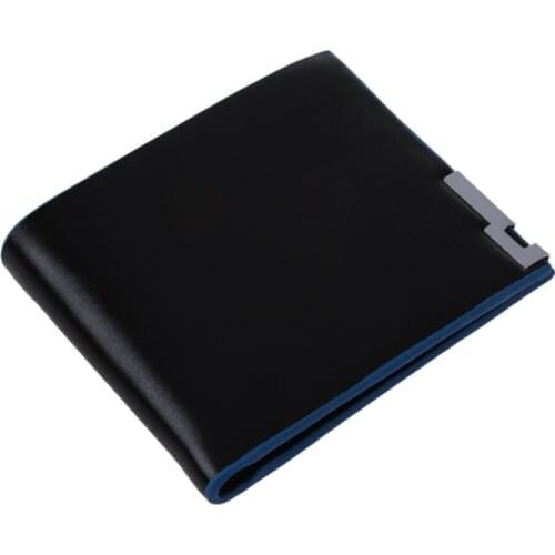 Man Clutch Wallet Card Leather Bag Pockets Bifold Money Clip (Black + Blue)
