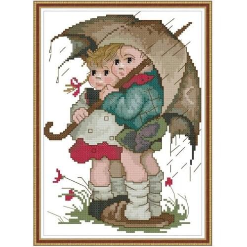 Joy Sunday Cross Stitch Kit Embroidery Brother and Sister In The Wind and Rain Stamped 11CT 14CT Counted Handmade Needlework Set