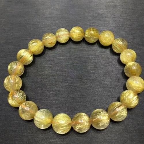 9mm Genuine Natural Gold Rutilated Quartz Crystal Woman Men Clear Round Beads Bracelet Jewelry Brazil Genuine AAAAA