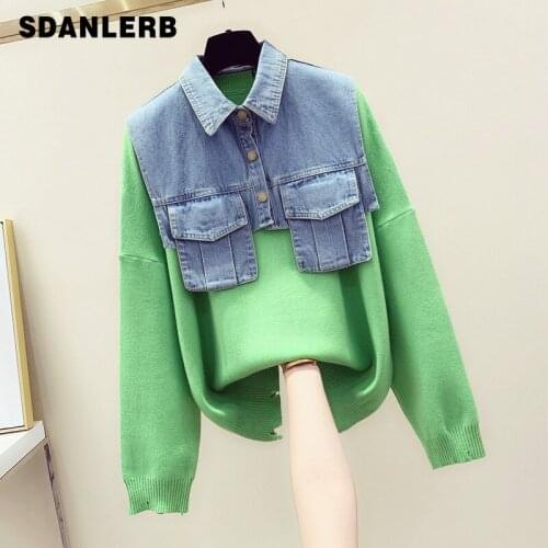 Autumn 2021 New Short Denim Vest + Loose Crew Neck Knitted Tops Pullover Sweater Trendy Two-Piece Suit Fashion Women Outfits