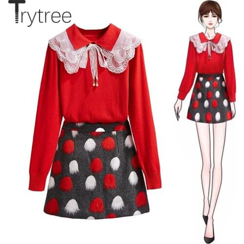 Trytree 2020 Autumn Winter Two piece set Casual Turn-down Collar Lace Top + Skirt Mini A-line Zipper Office Lady Set 2 Piece Set