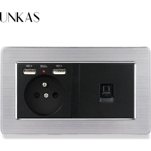 UNKAS Black Stainless steel Panel French Standard Socket with 2 USB + 1 Gang RJ45 CAT5E Internet Computer Data Connector