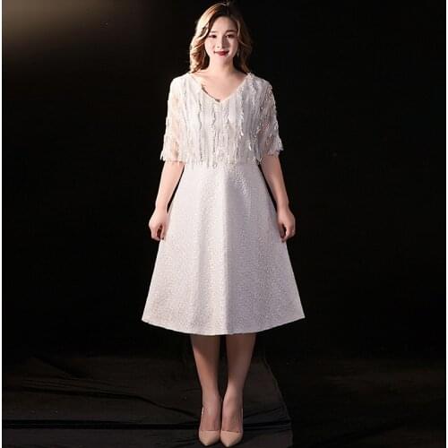 Evening Dresses A-line V-Neck Half Sleeves Women Party Dress Tea-length Zipper Back Elegant Sequins Plus Size Formal Gowns D409