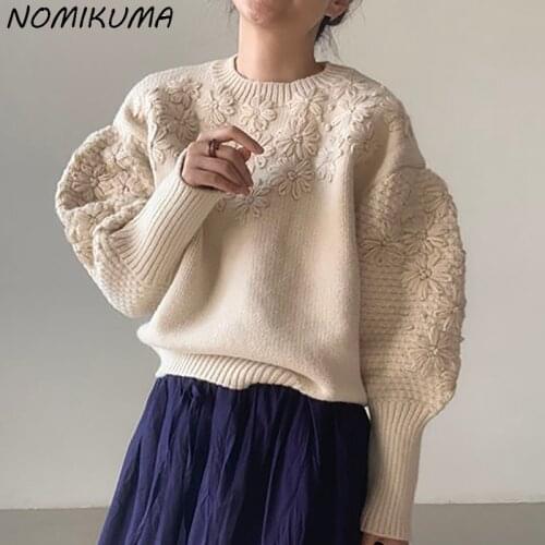 Nomikuma Chic 3D Flowers Embroidery Knitwear Pullover Puff Sleeve Sweaters Causal 2021 Autumn Winter Korean Pull Jumper 6L477
