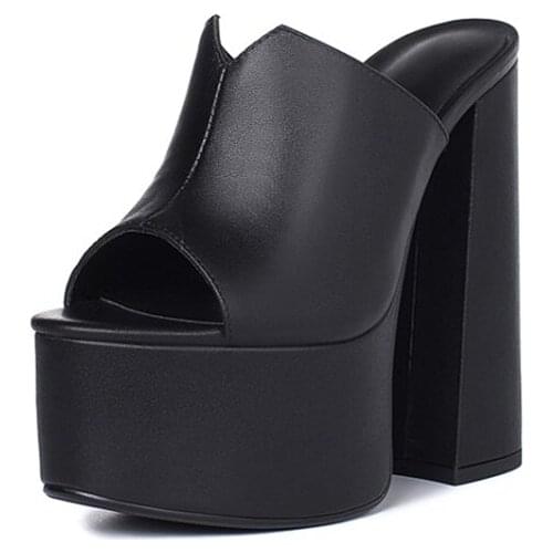 Luxury Platform Wedge Sandals Block High Heel Shoes Slipper Open Round Toe Genuine Leather Sandal Summer