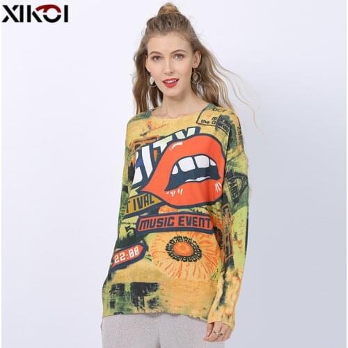 Mouth Print Loose Pullovers Oversized Sweater for Women Winter Fashion Long Sleeves Jumper Women Knitted Pull Femme Clothes