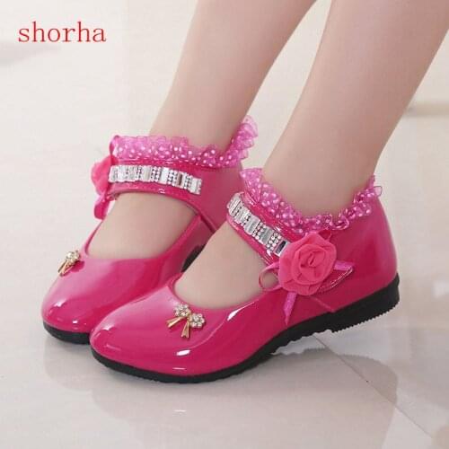 Spring Patent leather Rhinestone princess Girls Shoes with Rose Flower Fashion Wedding party shoes Slip-on Children Flat Shoes